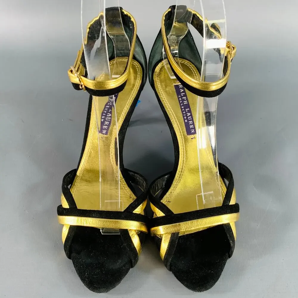 RALPH LAUREN 6 Black Metallic Gold Suede Leather Strappy Ankle Strap Sandals